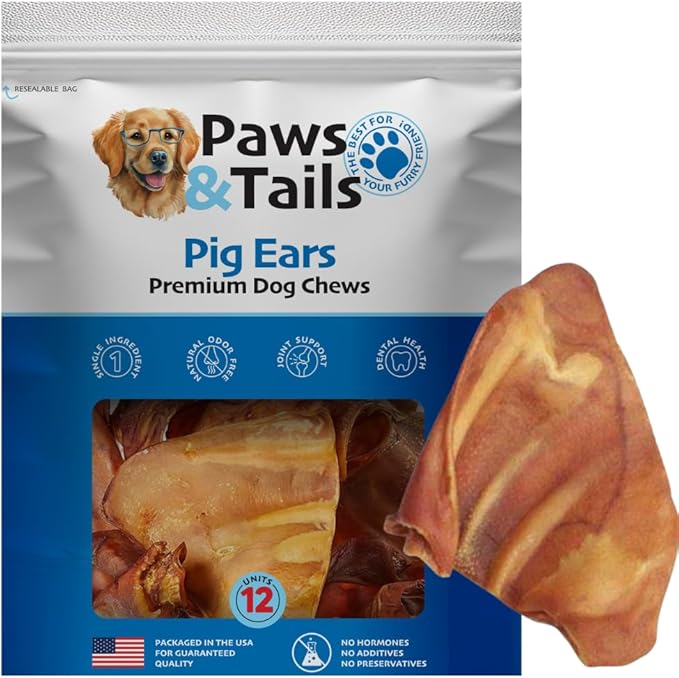 PAWS&TAILS Premium All-Natural Pig Ears for Dogs - Joint Health Support, Thick-Cut - High-Protein, Low-Fat Treats for Dental Hygiene - No Additives or Preservatives. (12, Natural Whole Pig Ears)