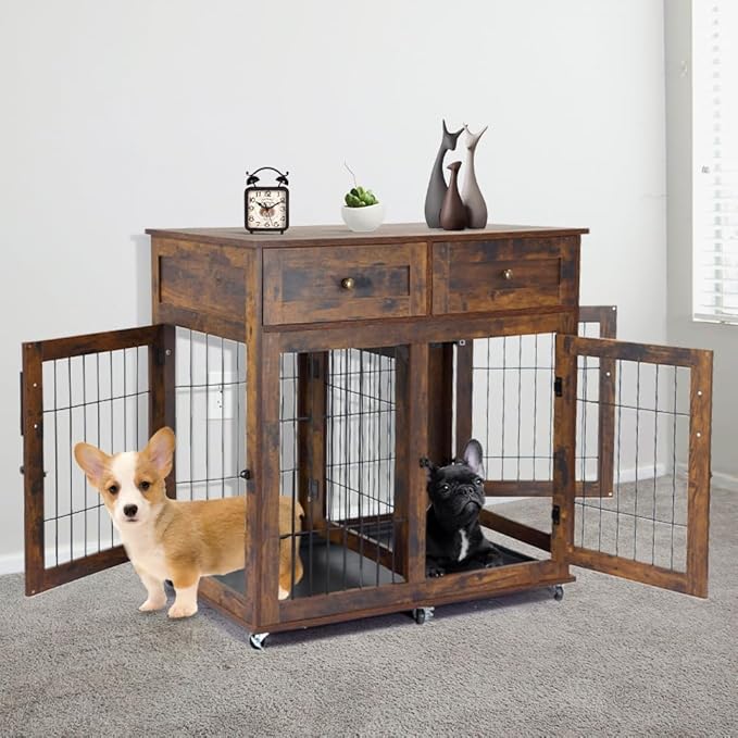 Dog Crate Furniture with Storage,39.4" Large Wooden Dog Kennel Crate End Table with Divider,Dog Cage Dog House Indoor (Rustic Brown)