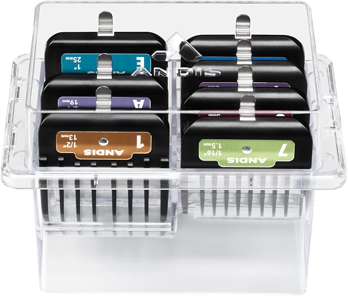 Andis 562014 Premium Clip Animal Comb Set – Built with Plastic, Includes 7 Color Coded Combs of Different Sizes, Metal Clip to Attach Comb - Fits Ultra Edge & Ceramic Edge Blades, Multicolor
