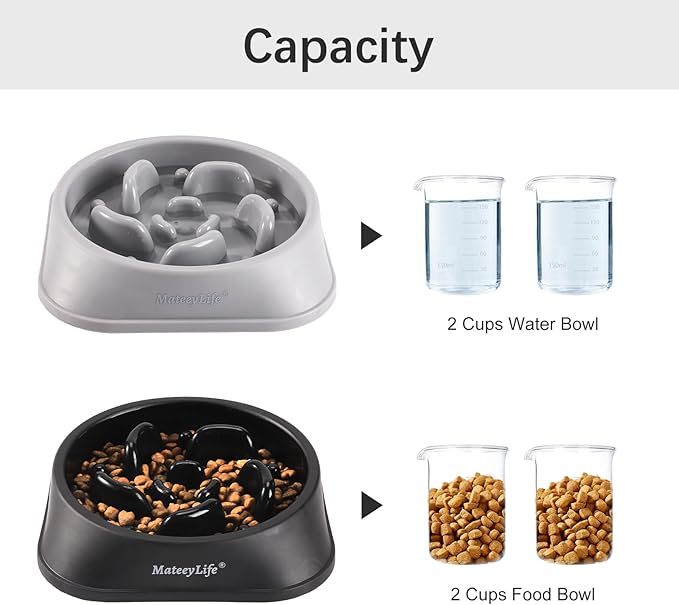 MateeyLife Slow Feeder Dog Bowls 2PCS, Anti-Choking Puzzle Dog Food Bowls, Anti-Slip Interactive Feeding Slow Down Eating, Bloat Stop Maze Dishes for Medium Large Breeds Gray&Black