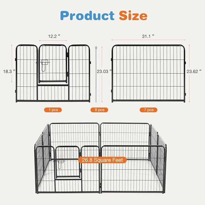 Dog Playpen, 8 Panel 24” Height Puppy Fence Exercise Pen for Yard Gate, Indoor Outdoor Heavy Duty Anti-Rust Metal Playpens with Doors Portable for RV Camping - Small/Medium/Large Pets