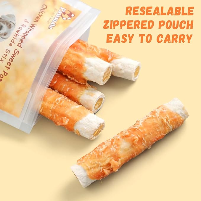 Chicken Wrapped Sweet Potato Rawhide Dog Treats, Big Stick Long Lasting Large Dog Treats Dog Chew Training Snacks for Medium Large Breed 6-7 Counts 10.58 oz