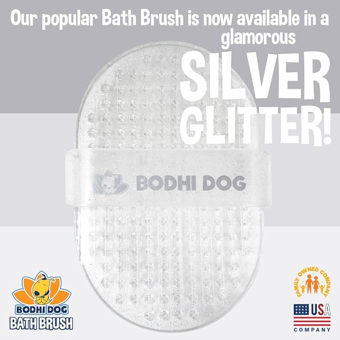 Bodhi Dog Shampoo Brush - Pet Grooming & Bath Supplies for Cats and Dog - Bath Brush for Long & Short Hair - Premium Scrubber for Shower, Bathing & Massage (One Pack, Silver Glitter)