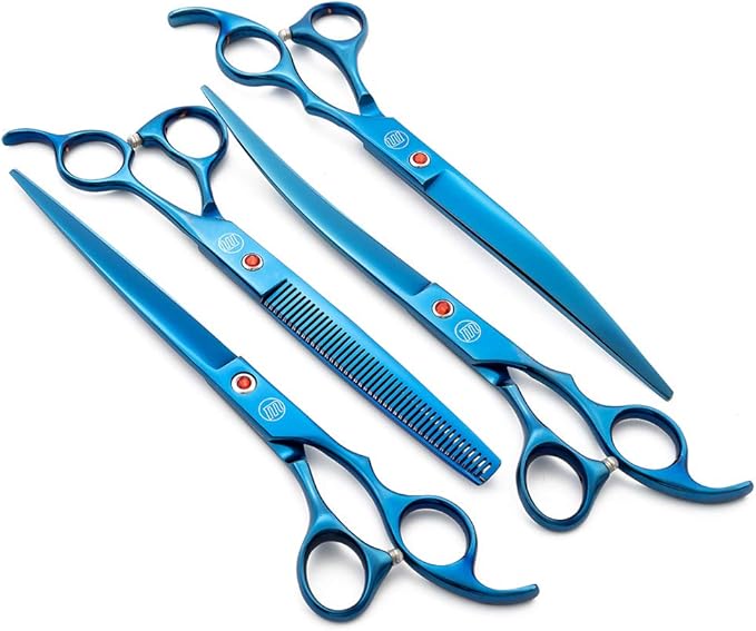 Moontay Professional 8.0" Dog Grooming Scissors Set, 4-pieces Straight, Upward Curved, Downward Curved, Thinning/Blending Shears for Dog, Cat and Pets, JP Stainless Steel, Blue