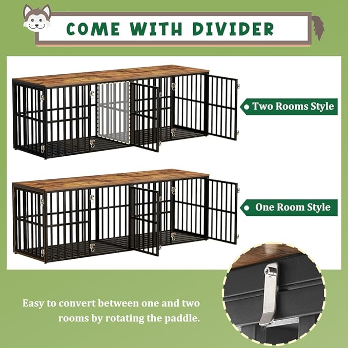 Dog Crate Furniture for 2 Dogs, 76” Wooden Dog Kennel with Divider, XXL Double Dog Crate Furniture Large Breed with 4 Doors, Dog Cage End Table Indoor for Large & Medium Dogs, Black