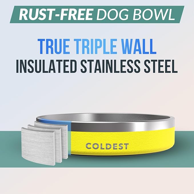 Coldest Dog Bowl - Anti Rust Metal, Non Slip, 3 Layers Insulated Stainless Steel Dog Bowls - Spill Proof & Heavy Duty - Water Bowl for Dogs, Cats & Pets, Dish Washer Safe (21 oz, Solar Yellow)