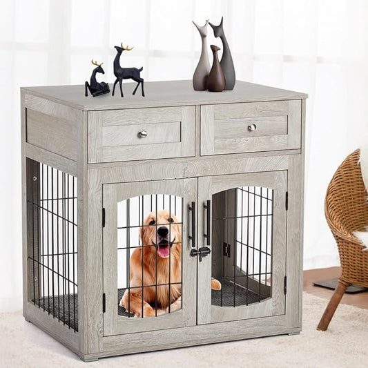 Dog Crate Furniture with Storage Drawers,39.4" Wooden Dog Crate Table with 2 Drawers,Indoor Dog Kennel with Cushion,Dog House,Dog Cage,Side End Table Crate