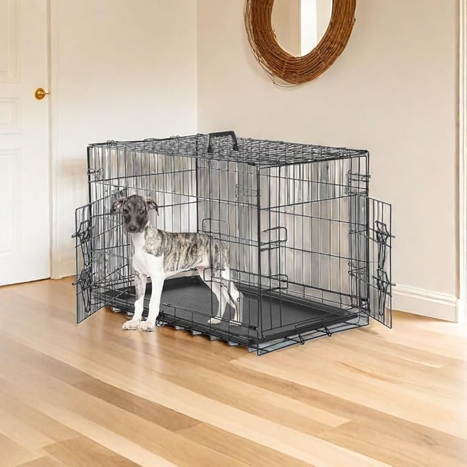 Dog Crates for Medium Dogs, Heavy Duty Dog Cage Indoor W/Divider Panel & Removable Tray, Metal Double Doors Dog Kennel for Indoor Outdoor Travel, Floor Protecting Feet, 30 in Black