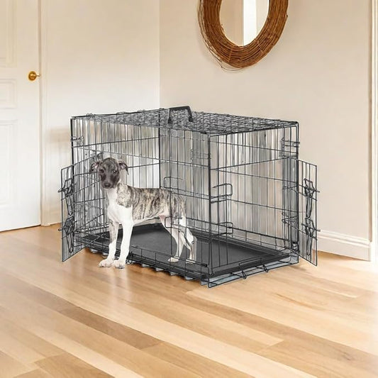 Dog Crates for Medium Dogs, Heavy Duty Dog Cage Indoor W/Divider Panel & Removable Tray, Metal Double Doors Dog Kennel for Indoor Outdoor Travel, Floor Protecting Feet, 30 in Black