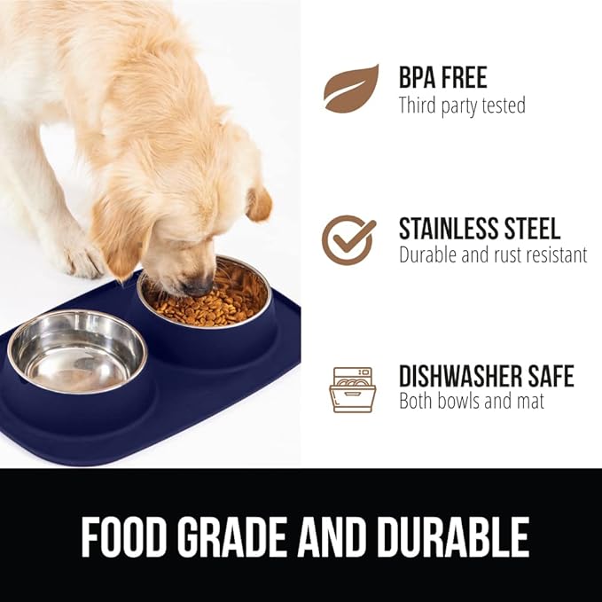 GORILLA GRIP Patent Pending 100% Waterproof BPA Free Cat and Dog Bowls Silicone Feeding Mat Set, Stainless Steel Bowl Slip Resistant Raised Edges, Catch Water, Food, Pet Accessories, 2 Cup, Navy Blue