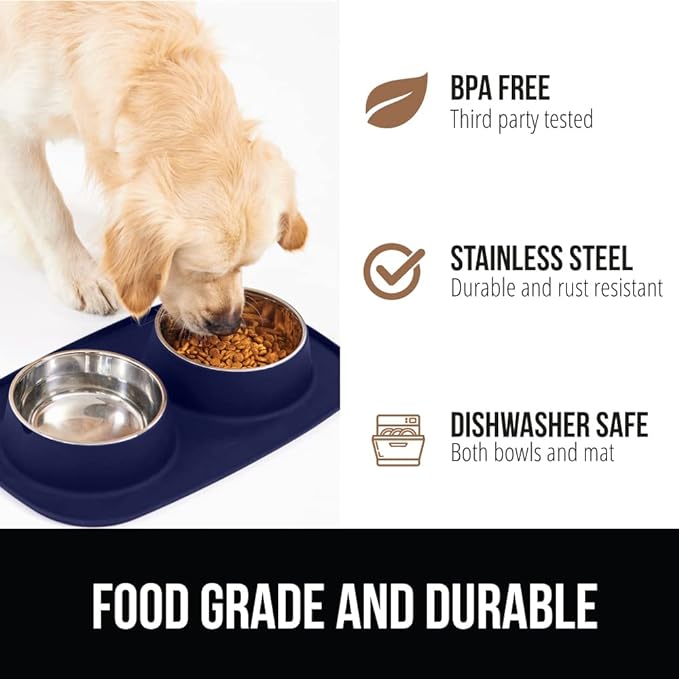 GORILLA GRIP Patent Pending 100% Waterproof BPA Free 4 Cup Cat and Dog Bowls Silicone Feeding Mat Set, Stainless Steel Bowl Slip Resistant Raised Edges, Catch Water, Food, Pet Accessories, Navy Blue