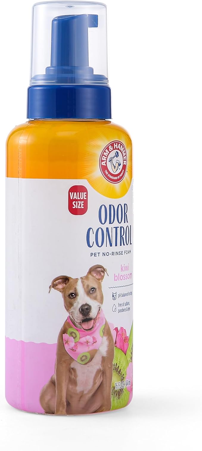 Arm & Hammer for Pets Odor Control Pet No-Rinse Foam with Baking Soda, Kiwi Blossom Scent, Best Odor Eliminating Foam for Dogs and Puppies; Waterless Dog Deodorizer, 16 Fl Oz