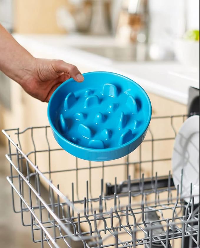 LE TAUCI Ceramic Slow Feeder Dog Bowl Elevated for Small and Medium Breed, With Wooden Stand, 1.5 Cups to Slow Down Eating, Anti-Gulping Pet Feeding Dish, Vortex Blue