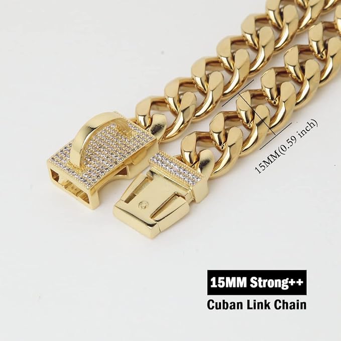 New Gold Dog Chain Collar with Bling Cubic Zirconia Secure Buckle,15MM Strong Stainless Steel Cuban Link Chain Collars,Luxury Necklace Collar for Small Medium & Large Dogs