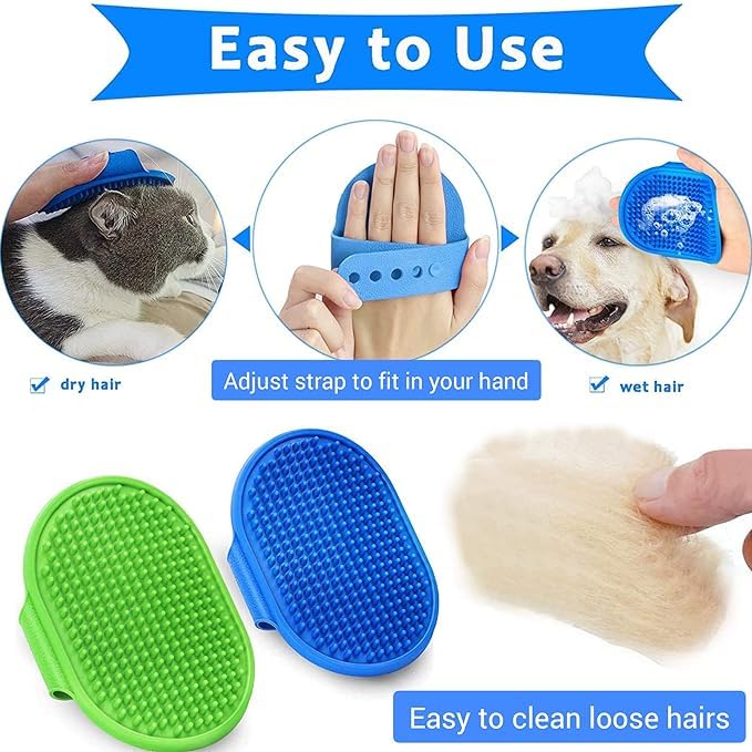 4 Pcs Dog Bath Brush, Pet Bath Comb Brush Soothing Massage Rubber Comb 4pcs with Adjustable Ring Handle for Long Short Haired Dogs and Cats (blue rose green black), Pink,Green,Blue,Black