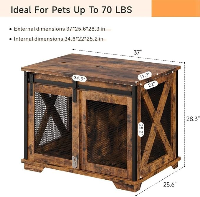 GAOMON Sliding Doors Dog Crate Furniture，Indoor Wooden Dog Crate Furniture with End Table and Flip-top Plate，Detachable Divider for Dog Kennel,Dog House, Rustic Brown