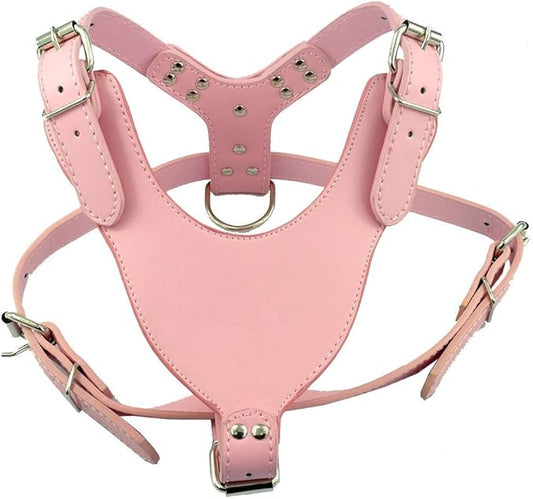 Dogs Kingdom 26"-34" Soft Leather Dog Harness Large for Pit Bull, Boxer, Bull Terrier Pink