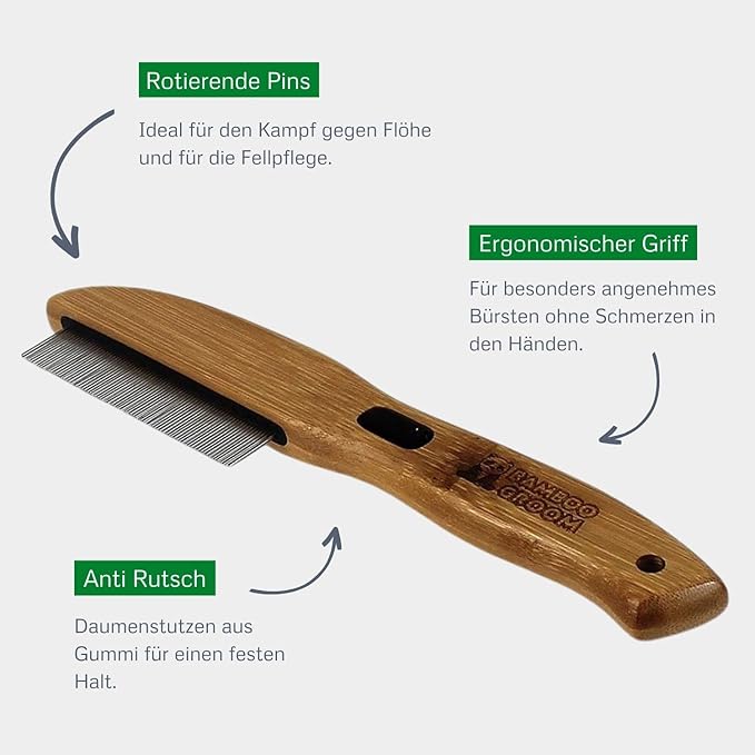 Alcott Bamboo Groom Flea Comb with 77 Rotating Pins for Pets