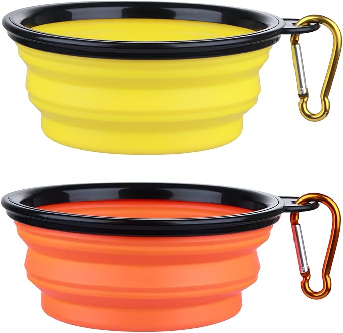 Dog Bowl Pet Collapsible Bowls, 2 Pack Collapsible Dog Water Bowls for Cats Dogs, Portable Pet Feeding Watering Dish for Walking Parking Traveling with 2 Carabiners (Small, Orange+Yellow)