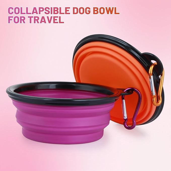 Dog Bowl Pet Collapsible Bowls, 2 Pack Collapsible Dog Water Bowls for Cats Dogs, Portable Pet Feeding Watering Dish for Walking Parking Traveling with 2 Carabiners (Small, Orange+Purple)