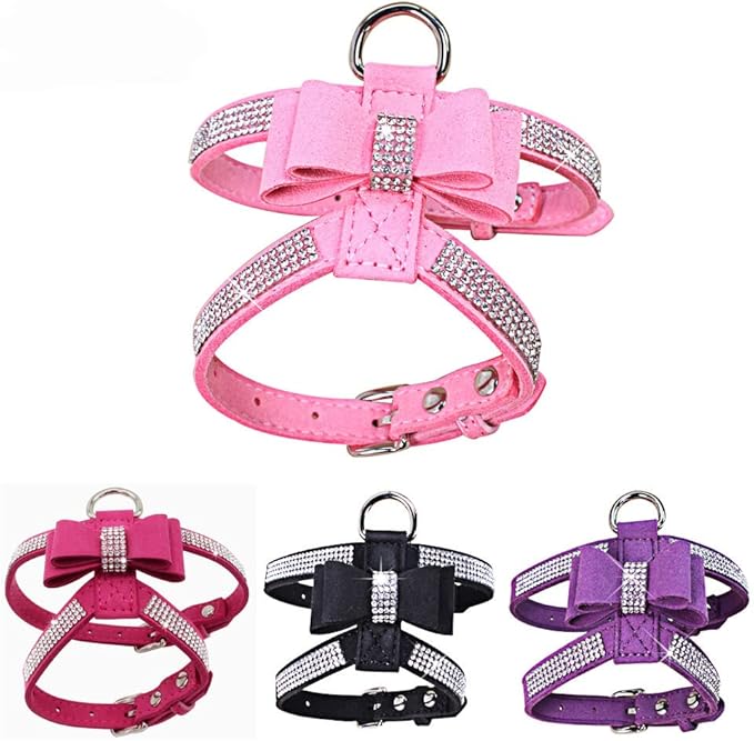 Weimostar Bow Tie Dog Harness Rhinestone Crystal Soft Bling Sparkly Diamond Jewel for XS Small Breed Girls Pet Cat Puppy Female Kitten Pink XS