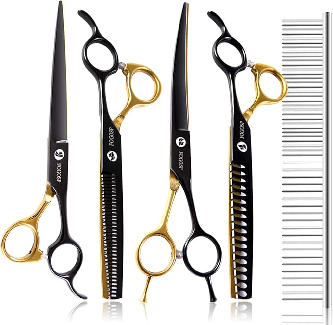 Dog Grooming Scissors Kit for Small Dogs, Black and Gold Two-Color Blender Shears Chunker Shears Curved Scissors Straight Scissors 4 pcs Set(Black&Gold,Kit)