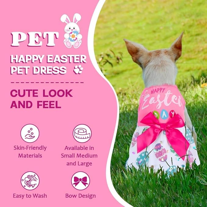 Cute Happy Easter Day Dog Dress Bunny Eggs Easter Dog Cat Clothes Pink Tulle Pet Doggie Apparel Outfit with Bowknot for Small Dogs Puppy Cat Girl Costume