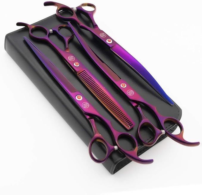 Moontay Professional 8.0" Dog Grooming Scissors Set, 4-pieces Straight, Upward Curved, Downward Curved, Thinning/Blending Shears for Dog, Cat and Pets, JP Stainless Steel, Purple