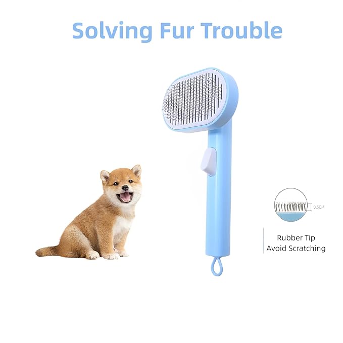 Blue Dog Grooming Brush - Shedding Comb with Soft Silicone Bristles for Long and Short-haired Dogs, Cat Brush, Removes Loose Hair and Tangles
