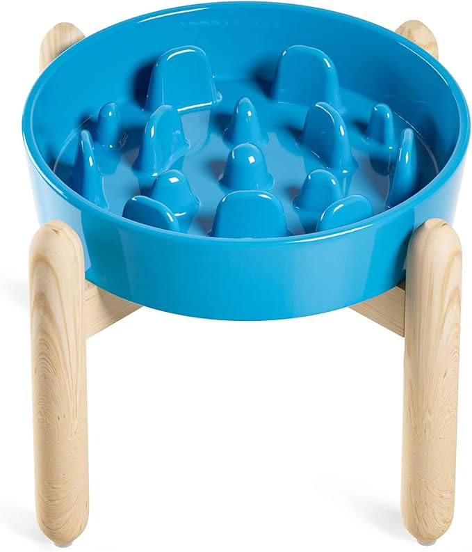LE TAUCI Ceramic Slow Feeder Dog Bowl Elevated for Small and Medium Breed, With Wooden Stand, 1.5 Cups to Slow Down Eating, Anti-Gulping Pet Feeding Dish, Vortex Blue