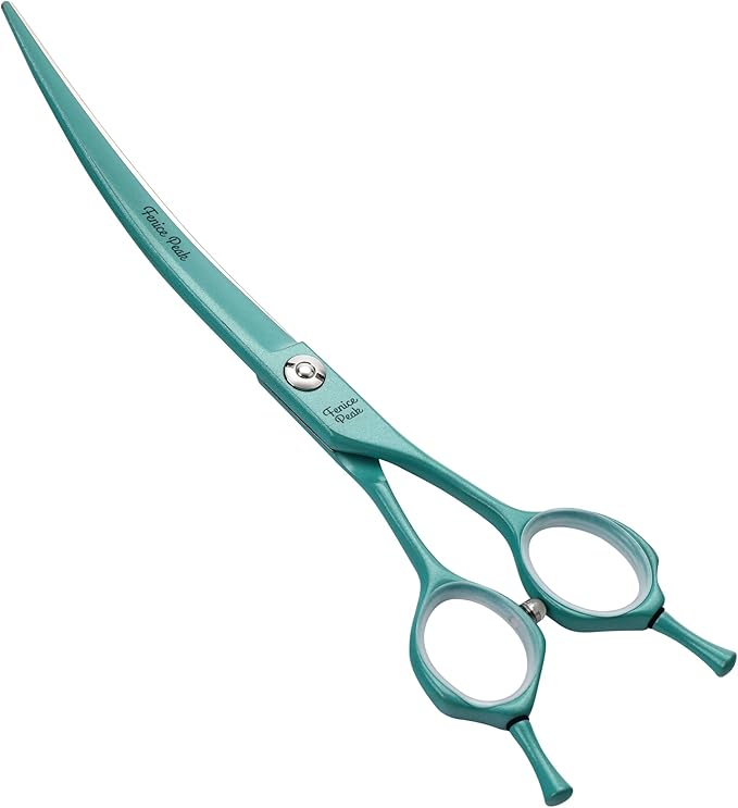 Fenice Peak Curved Dog Grooming Scissors with Cyan Color Coating 440C Stainless Steel Pet Grooming Bending Shears Sharp and Durable Comfortable Engonomic Handle