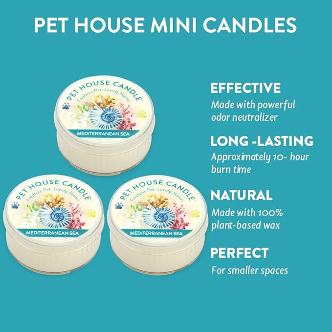 Pet House Mini Candles for Pet Odor Made with Natural Soy Wax, Plant Based, Dog and Cat Friendly Scented Candles, Mediterranean Sea Pack of 3