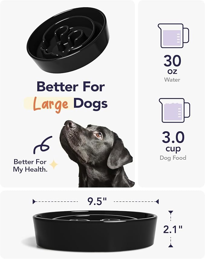 LE TAUCI Ceramic Slow Feeder Bowl, 3 Cups for Medium Large Breed Dogs, Maze Dish to Slow Down Eating, Puzzle Feeding Bowl for Fast Eaters, Skull Black