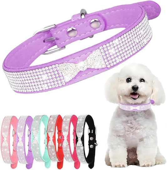 Purple Diamond XS Dog Collar Girl, Rhinestone Cat Collars with Jeweled Crystal Sparkling Glitter Female Puppy Collar for XXS XS Small Dogs, XS