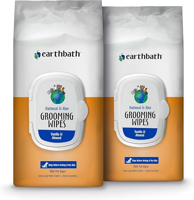 earthbath, Oatmeal & Aloe Grooming Wipes - Dog Wipes for Paws and Butt, Pet Wipes for Dogs & Cats, Helps Relieve Itchy & Dry Skin, Made in USA, Cruelty-Free - Vanilla & Almond 100 Count (2 Pack)