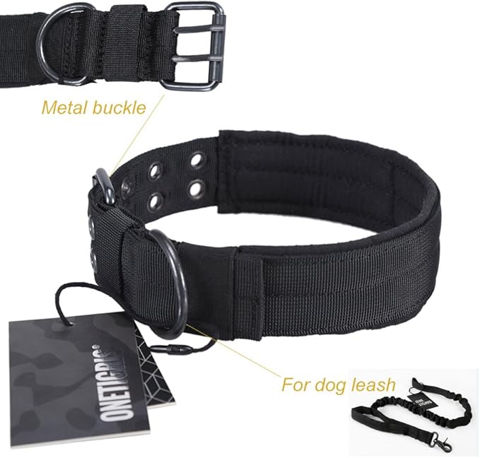 OneTigris Military Adjustable Dog Collar with Metal D Ring & Buckle 2 Sizes (Black, M)