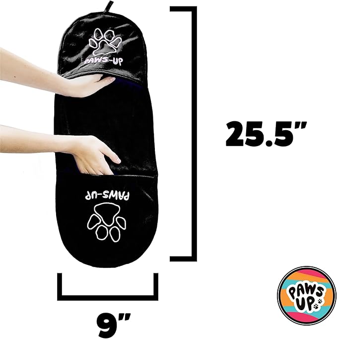 Paws-up Paw Cleaning Towel for Dogs removes mud Dirt Grass Sand allergens Machine Washable Microfiber Also Great for a Quick Dry Puppy Bath Towel with Two Hand Pockets for Control. 25.5” X 9” Black
