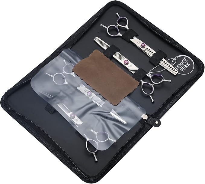 Fenice Peak 8'' Dog Grooming Scissors Set 4PCS Straight Curved Thinning Chunker Shears with Purple Finger Rings and Flashing Screw 440C Stainless Steel Natural Color Trimming Shears Durable and Sharp