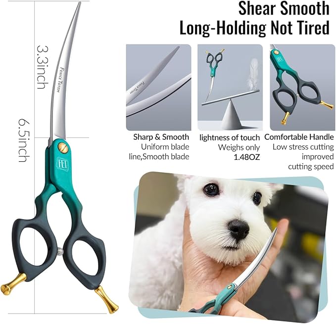 Fenice Dog Grooming Curved Scissors: 6.5" Pet Self-sharpening Split Finishing Shears for Dogs' Faces and Eyes Lightweight Ideal for Tight Spaces and Detailed Grooming Japan VG10 Alloy Steel 63HRC