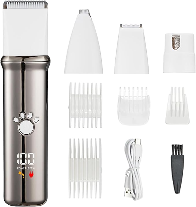 4-in-1 Dog Grooming Clippers Kit, Cordless Rechargeable Low Noise Shaver Grooming Supplies, Waterproof and Washable Pet Trimmer Set with Paw Trimmer for Dog Pets (Grey)