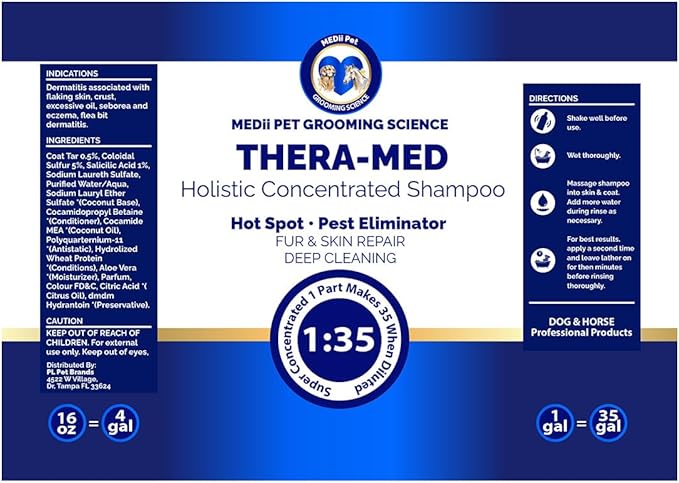 THERA-MED Concentrated Shampoo - Natural Scent, Foams & Rinses Easily, 16 Oz Medicated Dog Shampoo for Intense Itch Relief, Makes 4 Gallons