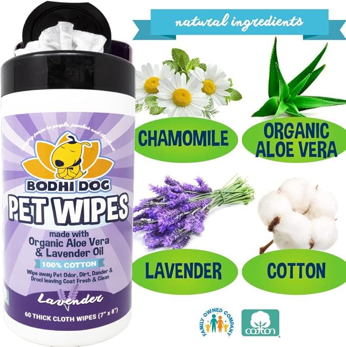 Bodhi Dog Pet Wipes - Grooming, Cleaning and Deodorizing Wipes for Dogs & Cats - No Parabens or SLS - Large, Thick, Wet Wipes - Wipe Away Pet Odors & Refreshes Coat - Lavender Scent (60 Count)