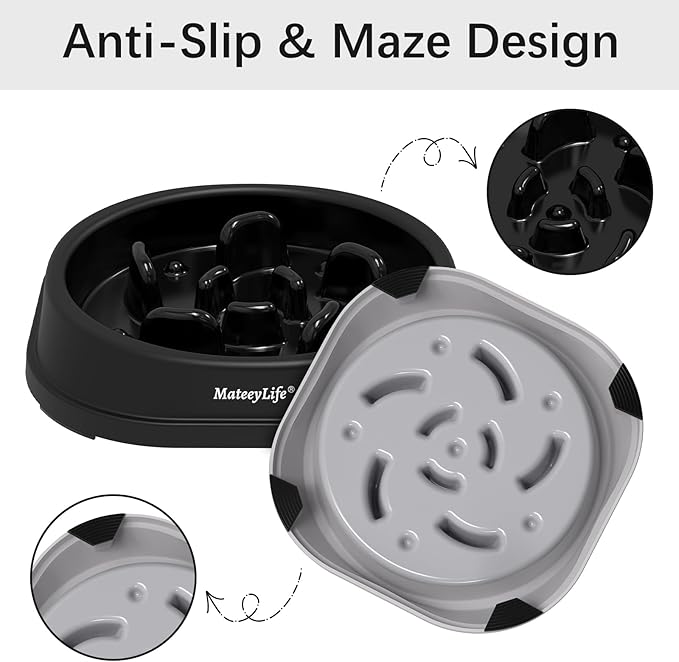 MateeyLife Small Slow Feeder Cat Bowls 2PCS, Anti-Choking Puzzle Cat Food Bowls, Anti-Slip Interactive Dog Feeding Slow Down Eating, Bloat Stop Maze Dishes Dog Feeder for Small Breeds 1 Cup Gray&Black