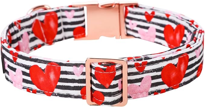 Lionet Paws Valentine Day Dog Collar, Heavy-Duty Cute Red Heart Pattern Fabric Pet Collar with Metal Buckle Necklace for Small Gift, Neck 10-16 inches