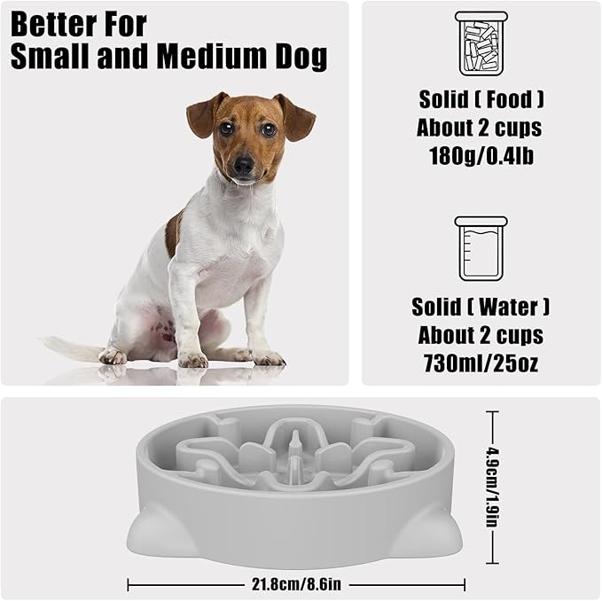 Slow Feeder Dog Bowls Medium Breed, Dog Food Bowl Medium Anti-Choking Bloat Stop Puzzle Healthy Eating Bowl (Gray, 2 Cup)