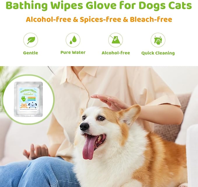 Bathing Wipes Glove for Dogs Cats, 12 PCS Dog Cleaning Glove Wipes with Grooming Fur, Dog Wipes Washing Gloves, Cat Cleaning Grooming Gloves for Daily Care and Traveling