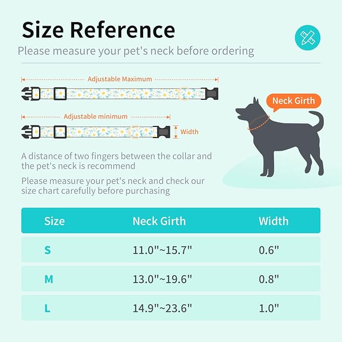 Fashionable Dog Collar with Bow Tie for Small Medium Large Dogs,Cute and Soft Puppy Collar for Male Female Dogs, Durable Cotton Dog Collar with Adjustable Buckle Butterfly Pattern (Medium, Cyan Daisy)