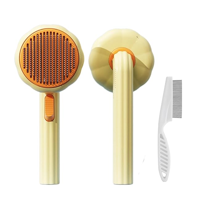 Cat Brush with Release Button, Pet Comb for Shedding and Tangles, Dog Hair Brush for Long and Short Hair, Grooming Tool for Removing Fleas and Fur Knots, Yellow ABS Plastic