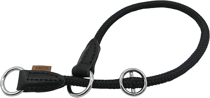 Braided Rope Collar, Pro Training Dog Collar, No Pull Round Martingale Collar, Slip Collar with Slidable Stop Ring - Ideal for Small Dogs (S(1/3") - 16" Long, Black)