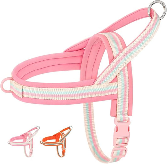 Beirui No Pull Dog Harness for Small Medium Dogs Puppies, Soft Neoprene Quick Fit Harness with Durable Front Clip & Back Clip, Lightweight Easy for Daily Walking (Striped Pink,M)
